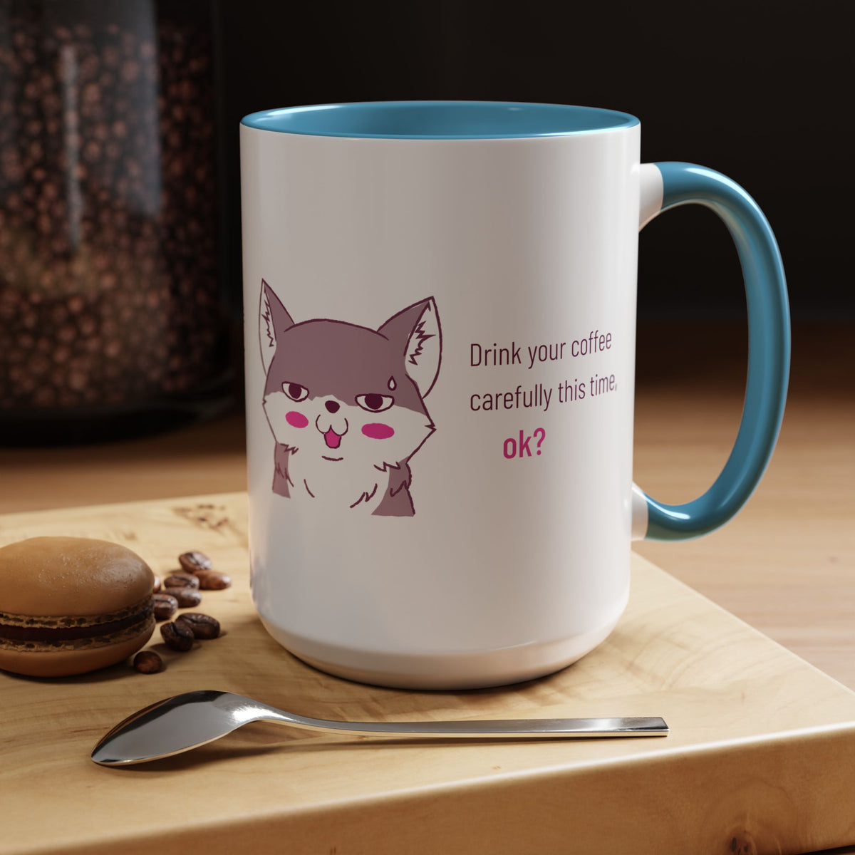Accent Coffee Mug — Cute Shy Fox Design "Drink your coffee carefully this time, ok?"
