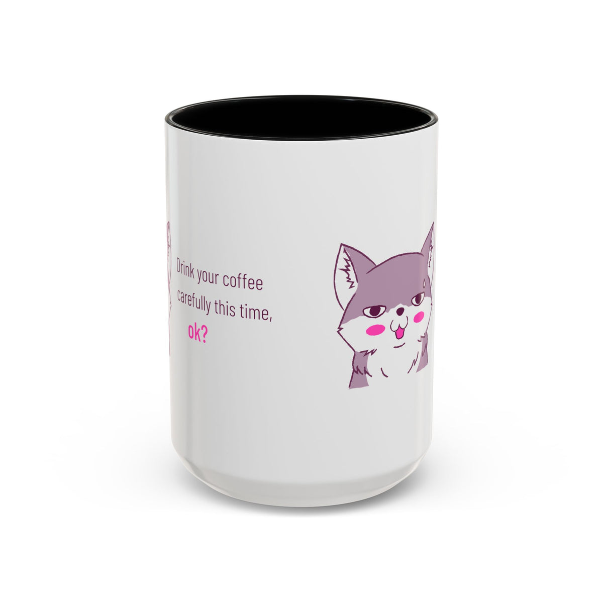 Accent Coffee Mug — Cute Shy Fox Design "Drink your coffee carefully this time, ok?"