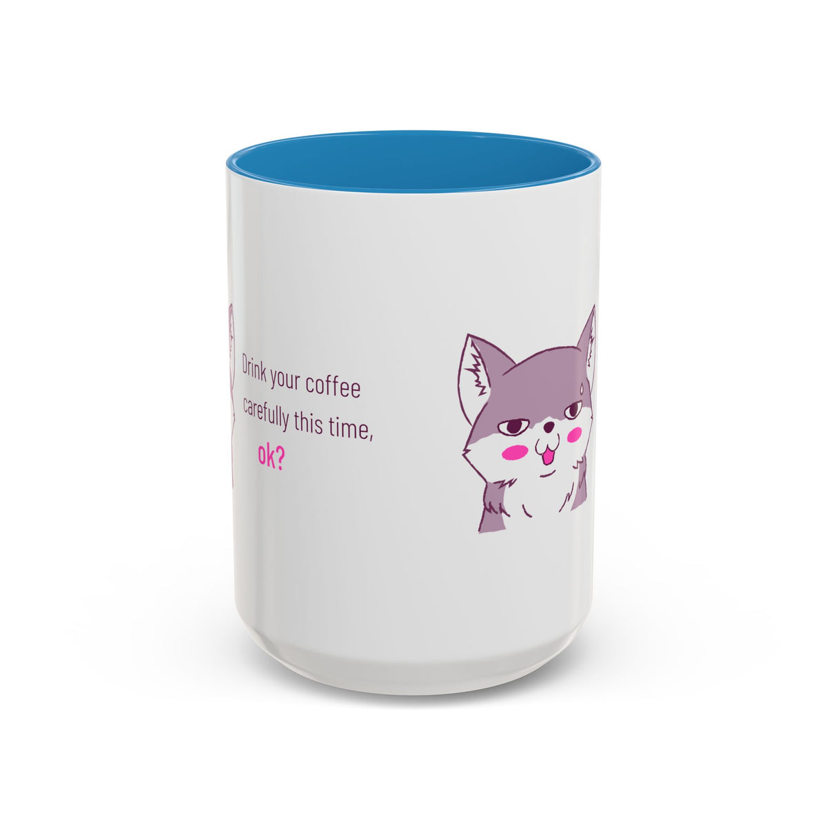 Accent Coffee Mug — Cute Shy Fox Design "Drink your coffee carefully this time, ok?"