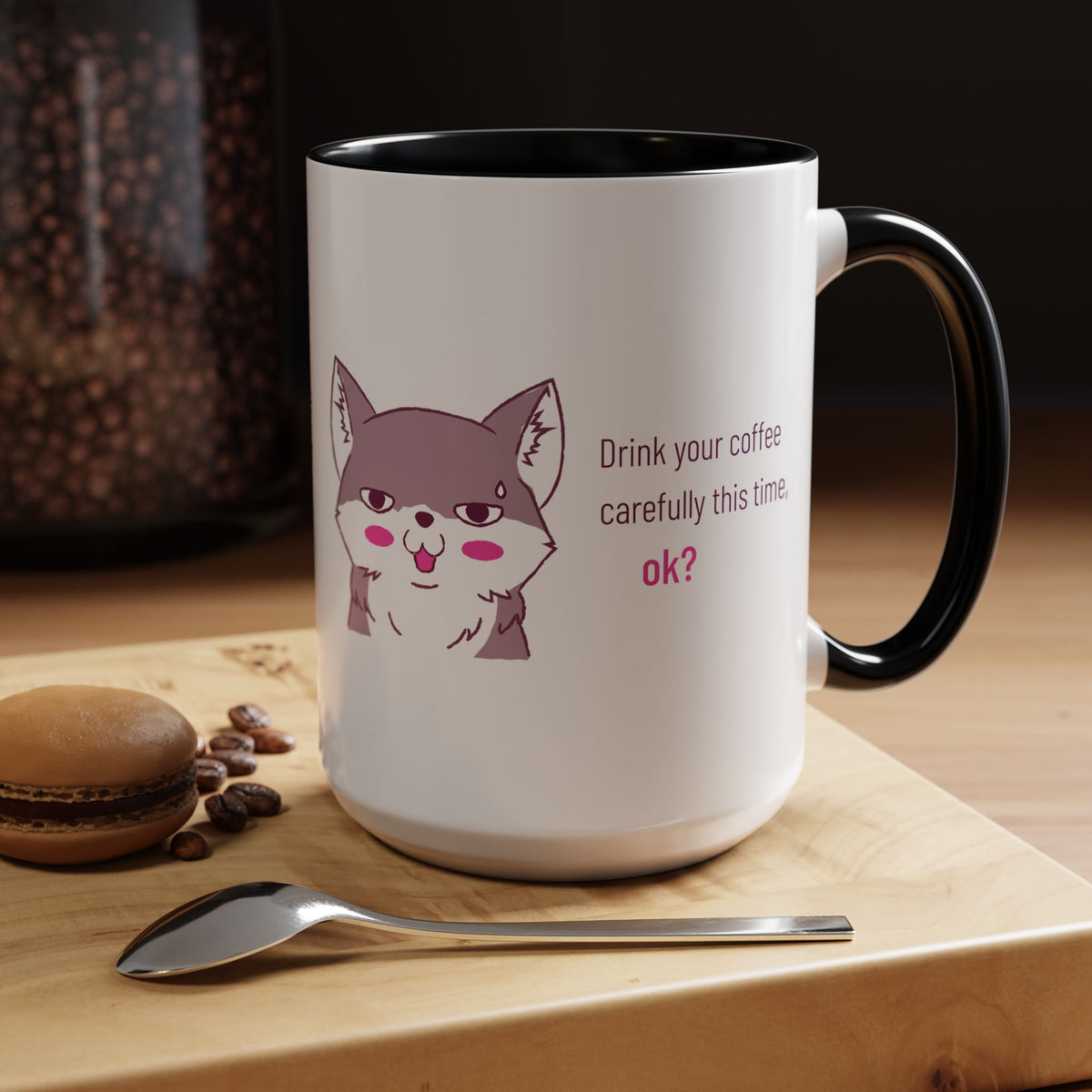 Accent Coffee Mug — Cute Shy Fox Design "Drink your coffee carefully this time, ok?"
