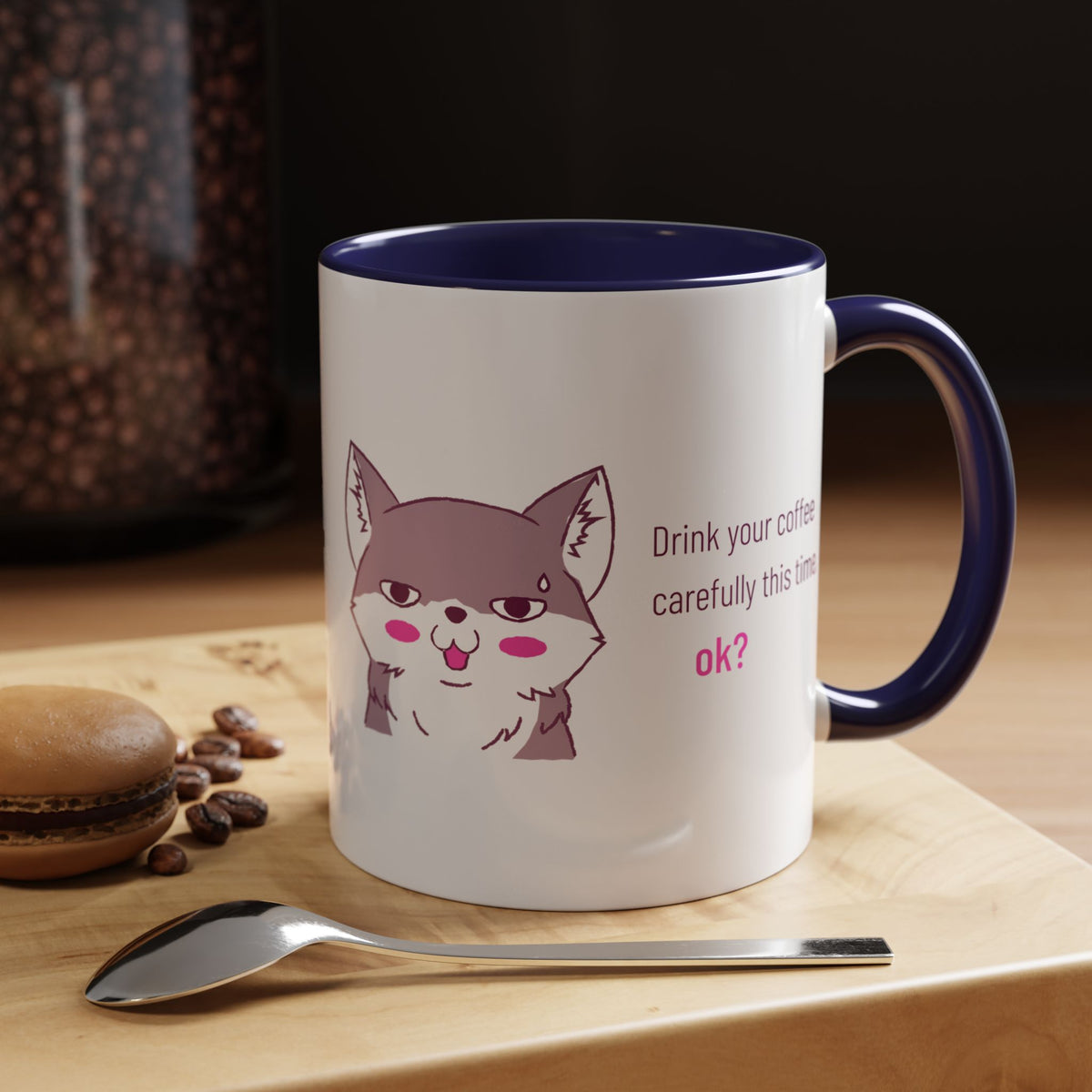 Accent Coffee Mug — Cute Shy Fox Design "Drink your coffee carefully this time, ok?"