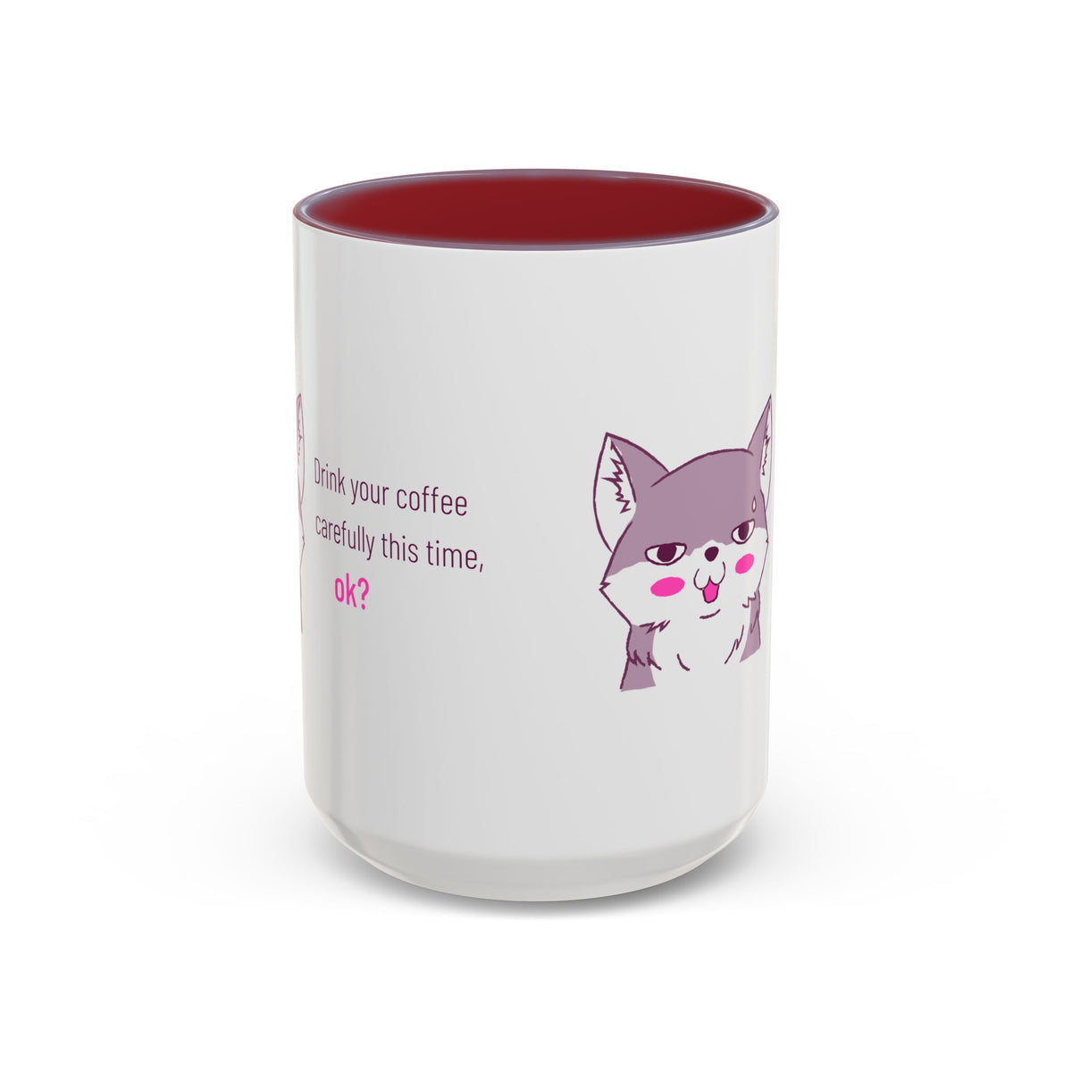 Accent Coffee Mug — Cute Shy Fox Design "Drink your coffee carefully this time, ok?"