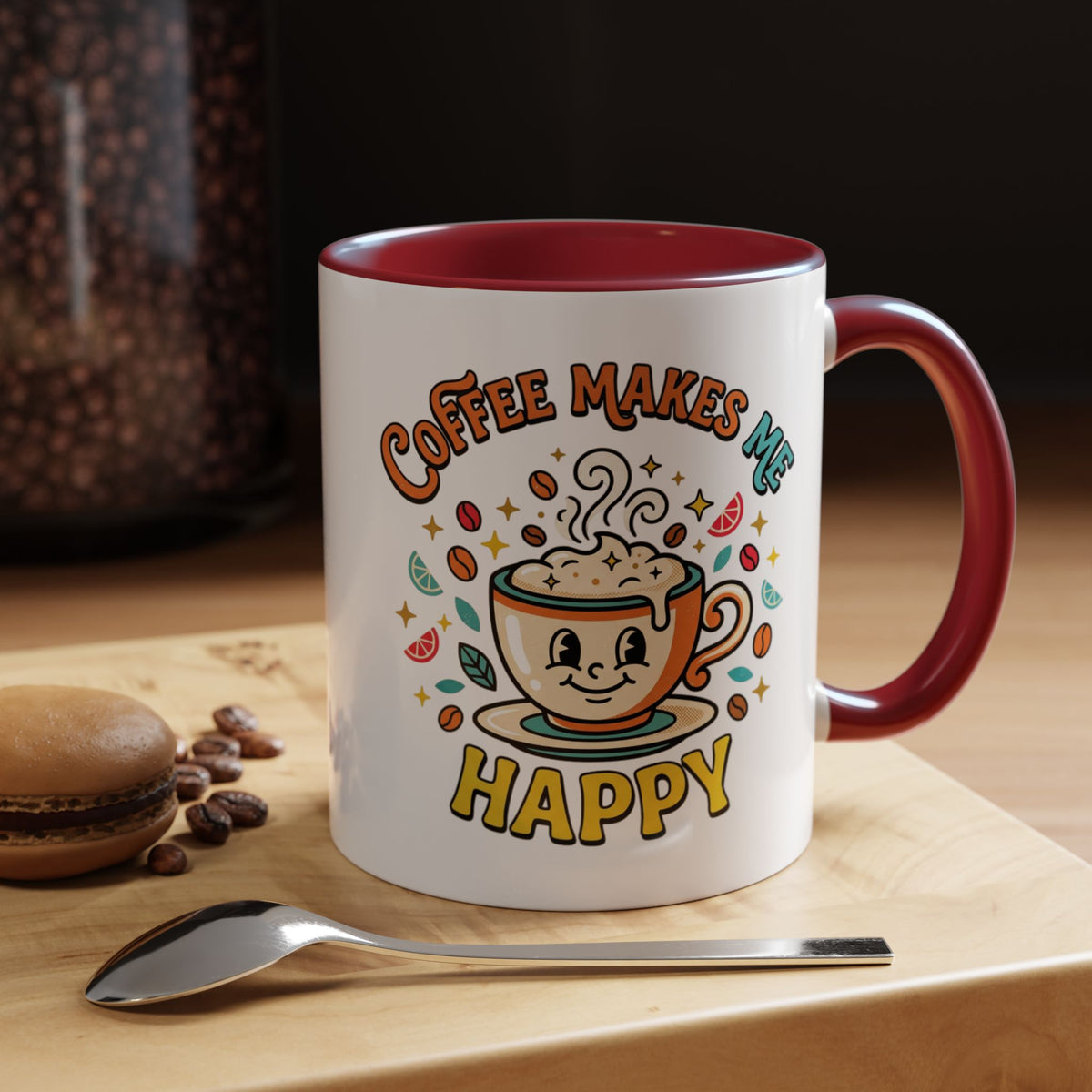 Coffee Mug — "Coffee Makes Me Happy" Cute Retro Accent Mug (11/15oz)
