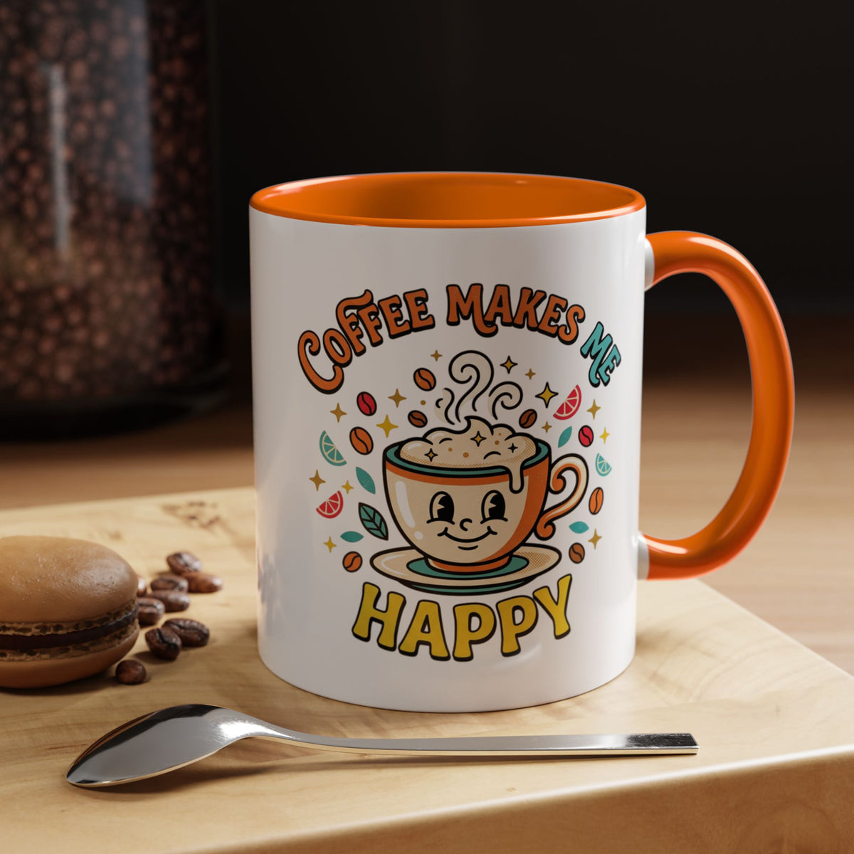 Coffee Mug — "Coffee Makes Me Happy" Cute Retro Accent Mug (11/15oz)