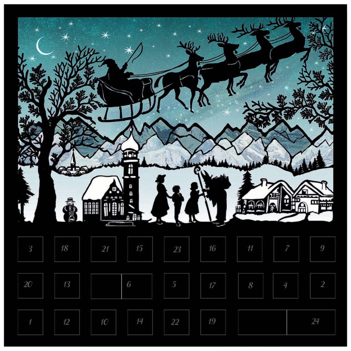 Santa's Journey Across the Winter Sky: A Town's Magical Vigil Silhouette Advent Card
